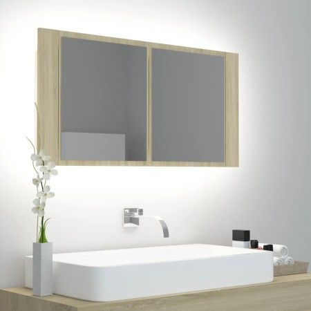 Armario espejo de baño LED acrílico roble Sonoma 90x12x45 cm de vidaXL, Tocadores de baño - Ref: Foro24-804975, Precio: 50,51...