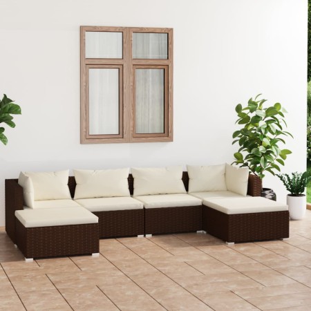 Set muebles de jardín 6 piezas y cojines ratán sintético marrón en Conjuntos de jardín | Comprar online en Foru.es