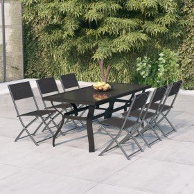 Juego de comedor de jardín 7 piezas con cojines gris y negro en Conjuntos de jardín | Comprar online en Foru.es