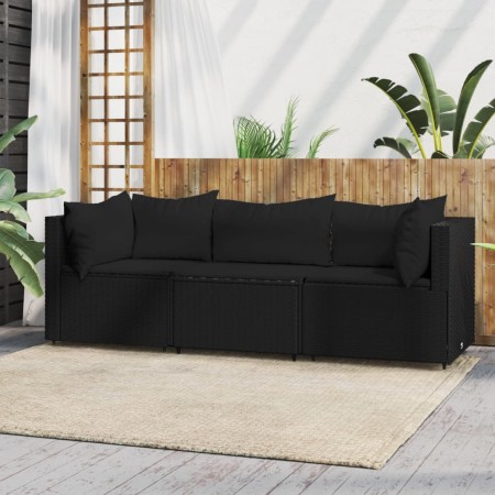 Set de muebles de jardín 3 pzas y cojines ratán sintético negro de vidaXL, Sofás de exterior - Ref: Foro24-319782, Precio: 27...