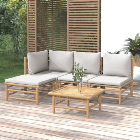 Set de muebles de jardín 5 piezas bambú y cojines gris claro en Conjuntos de jardín | Comprar online en Foru.es