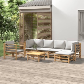 Set de muebles de jardín 7 piezas bambú y cojines gris claro en Conjuntos de jardín | Comprar online en Foru.es