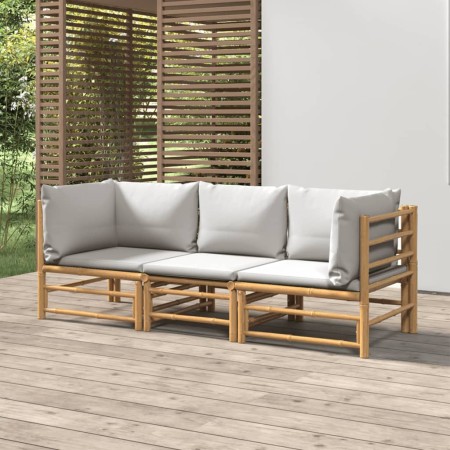 Set de muebles de jardín 3 piezas bambú y cojines gris claro en Conjuntos de jardín | Comprar online en Foru.es