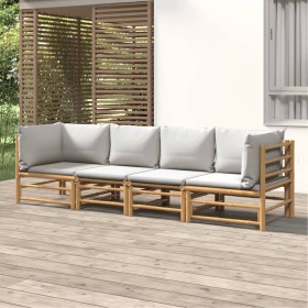 Set de muebles de jardín 4 piezas bambú y cojines gris claro en Conjuntos de jardín | Comprar online en Foru.es