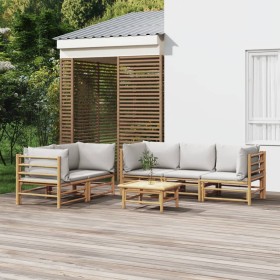Set de muebles de jardín 6 piezas bambú con cojines gris claro en Conjuntos de jardín | Comprar online en Foru.es