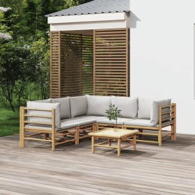 Set de muebles de jardín 6 piezas bambú con cojines gris claro en Conjuntos de jardín | Comprar online en Foru.es