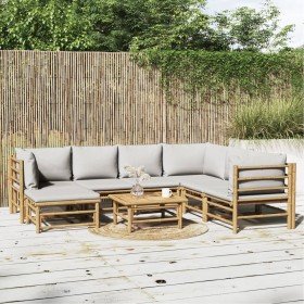 Set de muebles de jardín 8 piezas bambú y cojines gris claro en Conjuntos de jardín | Comprar online en Foru.es