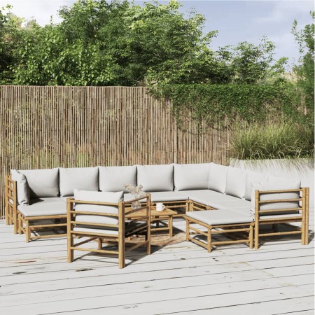 Set de muebles de jardín 12 piezas bambú y cojines gris claro en Conjuntos de jardín | Comprar online en Foru.es