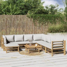 Set de muebles de jardín 9 piezas bambú y cojines gris claro en Conjuntos de jardín | Comprar online en Foru.es