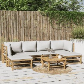 Set de muebles de jardín 7 piezas bambú y cojines gris claro en Conjuntos de jardín | Comprar online en Foru.es