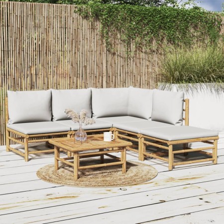 Set de muebles de jardín 6 piezas bambú con cojines gris claro en Conjuntos de jardín | Comprar online en Foru.es