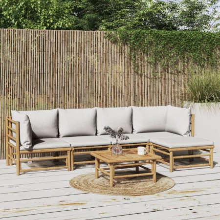 Set de muebles de jardín 6 piezas bambú con cojines gris claro en Conjuntos de jardín | Comprar online en Foru.es