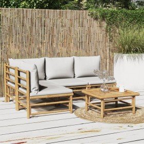 Set de muebles de jardín 5 piezas bambú y cojines gris claro en Conjuntos de jardín | Comprar online en Foru.es