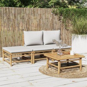 Set de muebles de jardín 4 piezas bambú y cojines gris claro en Conjuntos de jardín | Comprar online en Foru.es