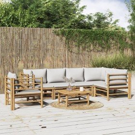 Set de muebles de jardín 7 piezas bambú y cojines gris claro en Conjuntos de jardín | Comprar online en Foru.es