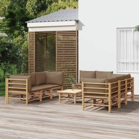 Set de muebles de jardín 9 piezas bambú y cojines gris taupé en Conjuntos de jardín | Comprar online en Foru.es