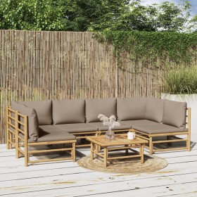 Set de muebles de jardín 7 piezas bambú y cojines gris taupe en Conjuntos de jardín | Comprar online en Foru.es