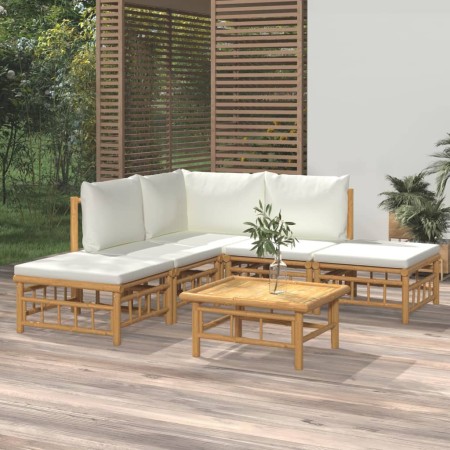 Set de muebles de jardín 6 piezas bambú y cojines blanco crema en Conjuntos de jardín | Comprar online en Foru.es