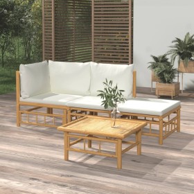 Set de muebles de jardín 4 piezas bambú y cojines blanco crema en Conjuntos de jardín | Comprar online en Foru.es