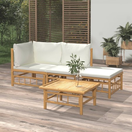 Set de muebles de jardín 4 piezas bambú y cojines blanco crema en Conjuntos de jardín | Comprar online en Foru.es
