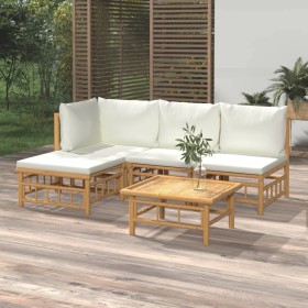 Set de muebles de jardín 5 piezas bambú y cojines blanco crema en Conjuntos de jardín | Comprar online en Foru.es