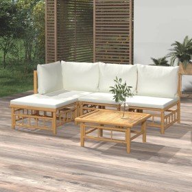 Set de muebles de jardín 5 piezas bambú y cojines blanco crema en Conjuntos de jardín | Comprar online en Foru.es