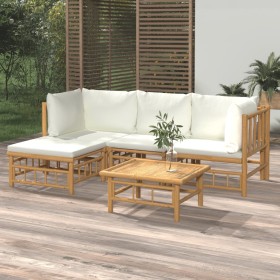 Set de muebles de jardín 5 piezas bambú y cojines blanco crema en Conjuntos de jardín | Comprar online en Foru.es