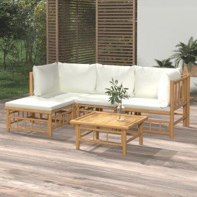 Set de muebles de jardín 5 piezas bambú y cojines blanco crema en Conjuntos de jardín | Comprar online en Foru.es