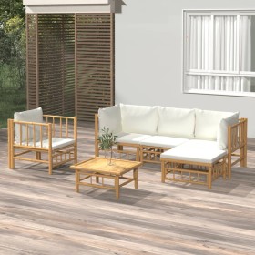 Set de muebles de jardín 6 piezas bambú y cojines blanco crema en Conjuntos de jardín | Comprar online en Foru.es