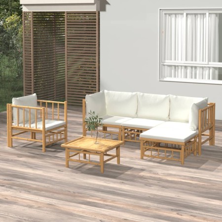 Set de muebles de jardín 6 piezas bambú y cojines blanco crema en Conjuntos de jardín | Comprar online en Foru.es