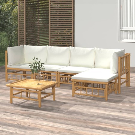 Set de muebles de jardín 6 piezas bambú y cojines blanco crema en Conjuntos de jardín | Comprar online en Foru.es