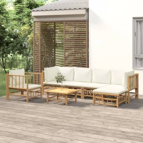 Set de muebles de jardín 7 piezas bambú y cojines blanco crema en Conjuntos de jardín | Comprar online en Foru.es