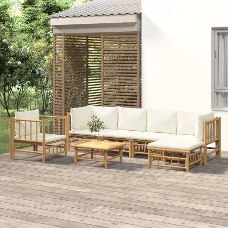 Set de muebles de jardín 7 piezas bambú y cojines blanco crema en Conjuntos de jardín | Comprar online en Foru.es