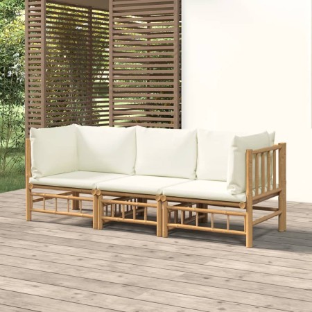 Set de muebles de jardín 3 piezas bambú y cojines blanco crema en Conjuntos de jardín | Comprar online en Foru.es