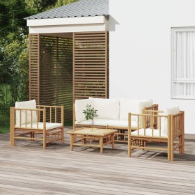 Set de muebles de jardín 5 piezas bambú y cojines blanco crema en Conjuntos de jardín | Comprar online en Foru.es