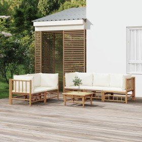 Set de muebles de jardín 6 piezas bambú y cojines blanco crema en Conjuntos de jardín | Comprar online en Foru.es
