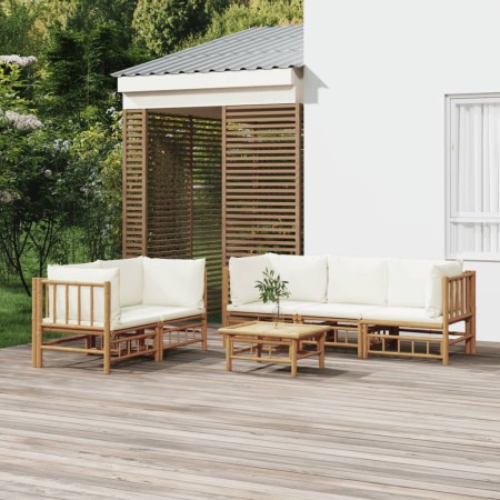 Set de muebles de jardín 6 piezas bambú y cojines blanco crema en Conjuntos de jardín | Comprar online en Foru.es