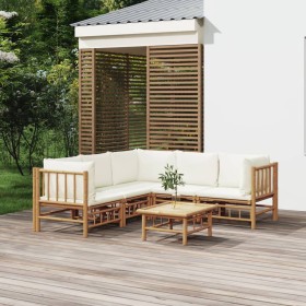 Set de muebles de jardín 6 piezas bambú y cojines blanco crema en Conjuntos de jardín | Comprar online en Foru.es