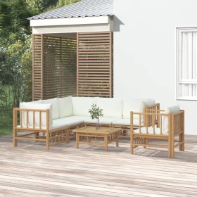 Set de muebles de jardín 7 piezas bambú y cojines blanco crema en Conjuntos de jardín | Comprar online en Foru.es