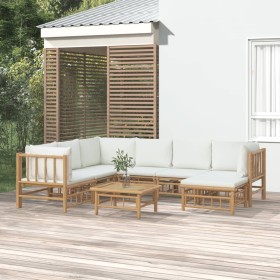 Set de muebles de jardín 8 piezas bambú y cojines blanco crema en Conjuntos de jardín | Comprar online en Foru.es