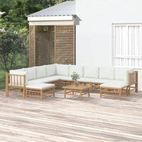 Set de muebles de jardín 11 piezas bambú y cojines blanco crema en Conjuntos de jardín | Comprar online en Foru.es