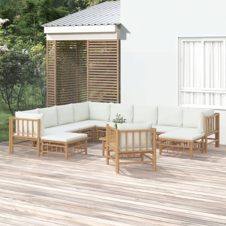 Set de muebles de jardín 12 piezas bambú y cojines blanco crema en Conjuntos de jardín | Comprar online en Foru.es