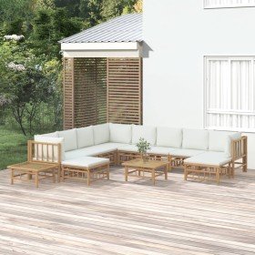Set de muebles de jardín 12 piezas bambú y cojines blanco crema en Conjuntos de jardín | Comprar online en Foru.es