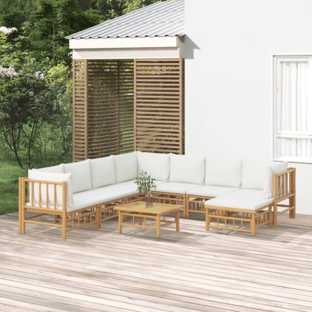Set de muebles de jardín 9 piezas bambú y cojines blanco crema en Conjuntos de jardín | Comprar online en Foru.es