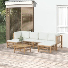 Set de muebles de jardín 7 piezas bambú y cojines blanco crema en Conjuntos de jardín | Comprar online en Foru.es