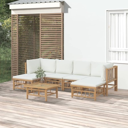 Set de muebles de jardín 7 piezas bambú y cojines blanco crema en Conjuntos de jardín | Comprar online en Foru.es