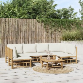 Set de muebles de jardín 7 piezas bambú y cojines blanco crema en Conjuntos de jardín | Comprar online en Foru.es
