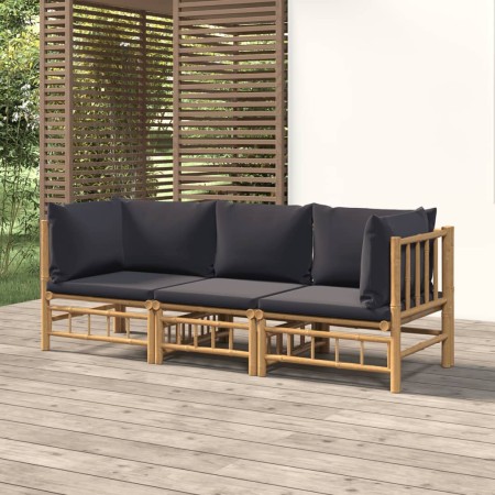 Set de muebles de jardín 3 piezas bambú con cojines gris oscuro en Conjuntos de jardín | Comprar online en Foru.es