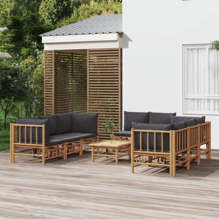Set de muebles de jardín 9 piezas bambú con cojines gris oscuro en Conjuntos de jardín | Comprar online en Foru.es