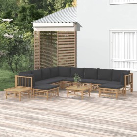 Set de muebles de jardín 12 pzas bambú con cojines gris oscuro en Conjuntos de jardín | Comprar online en Foru.es